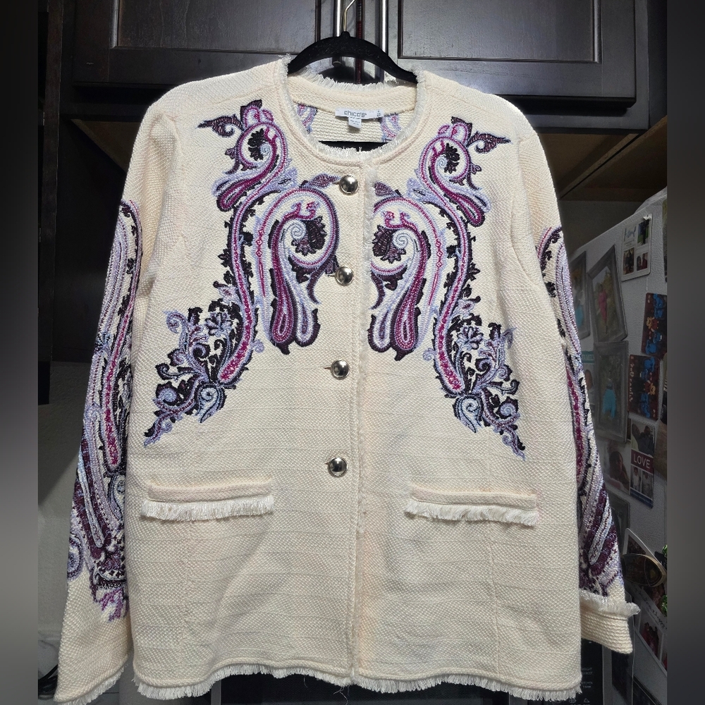 Chico's Cream Jacket with Purple Embroidery Women Xxl